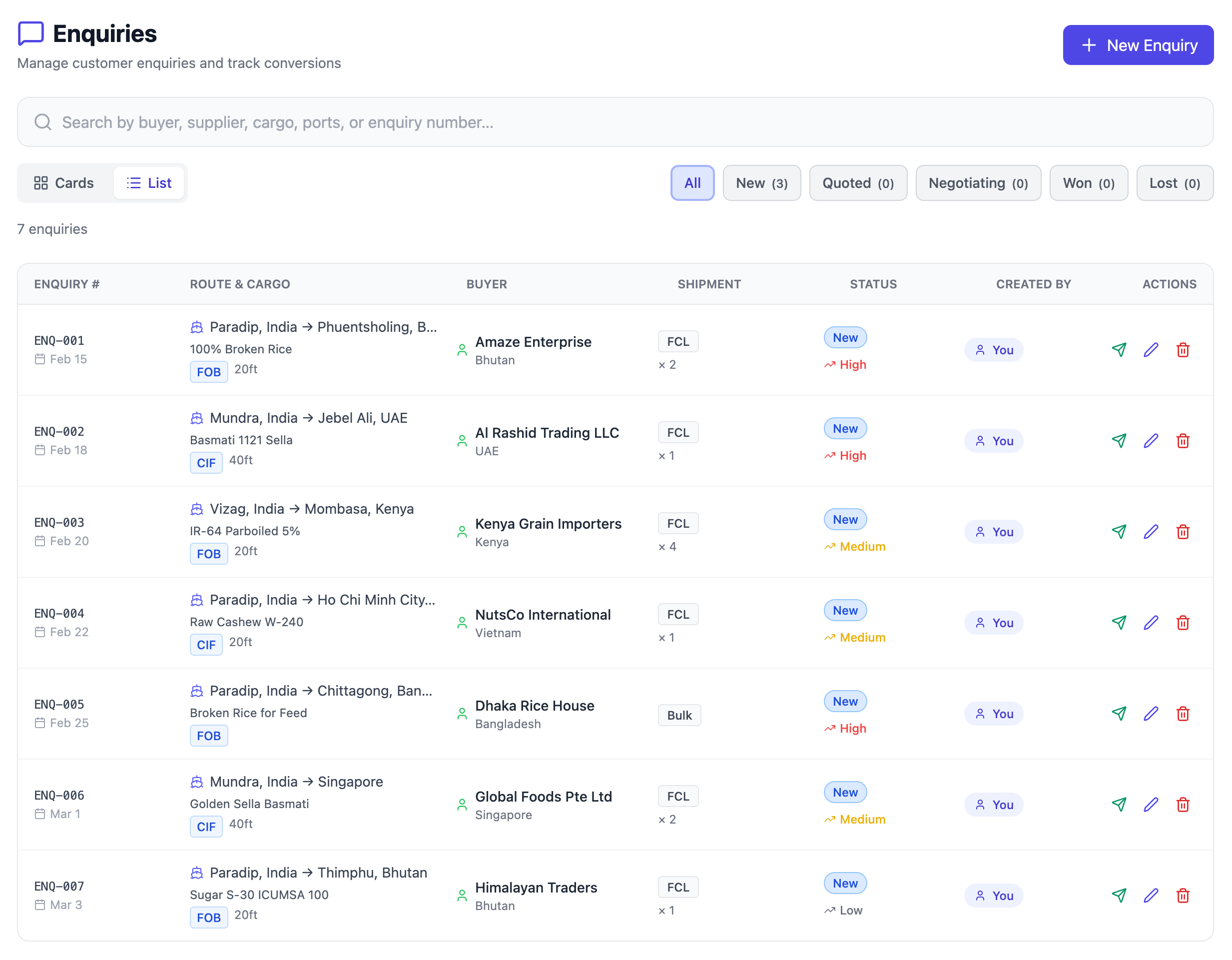 IMPEXify Enquiry Tracking with route and cargo details