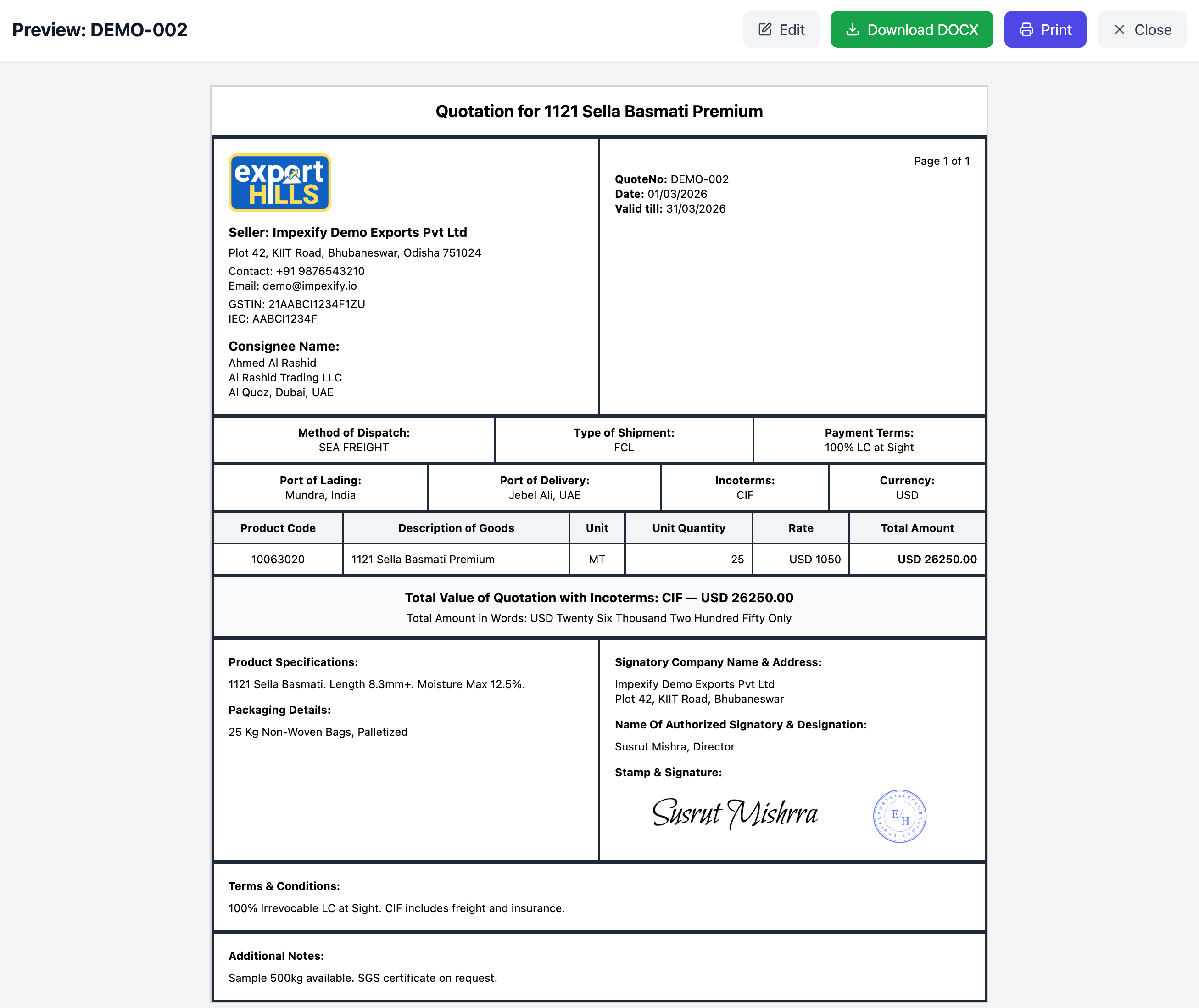 IMPEXify Professional Export Quotation Preview